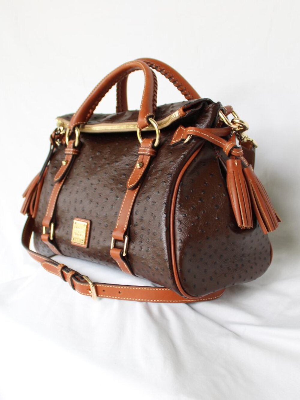 Dooney & Bourke Ostrich brown satchel leather Florentine tassel purse crossbody - Picture 5 of 12